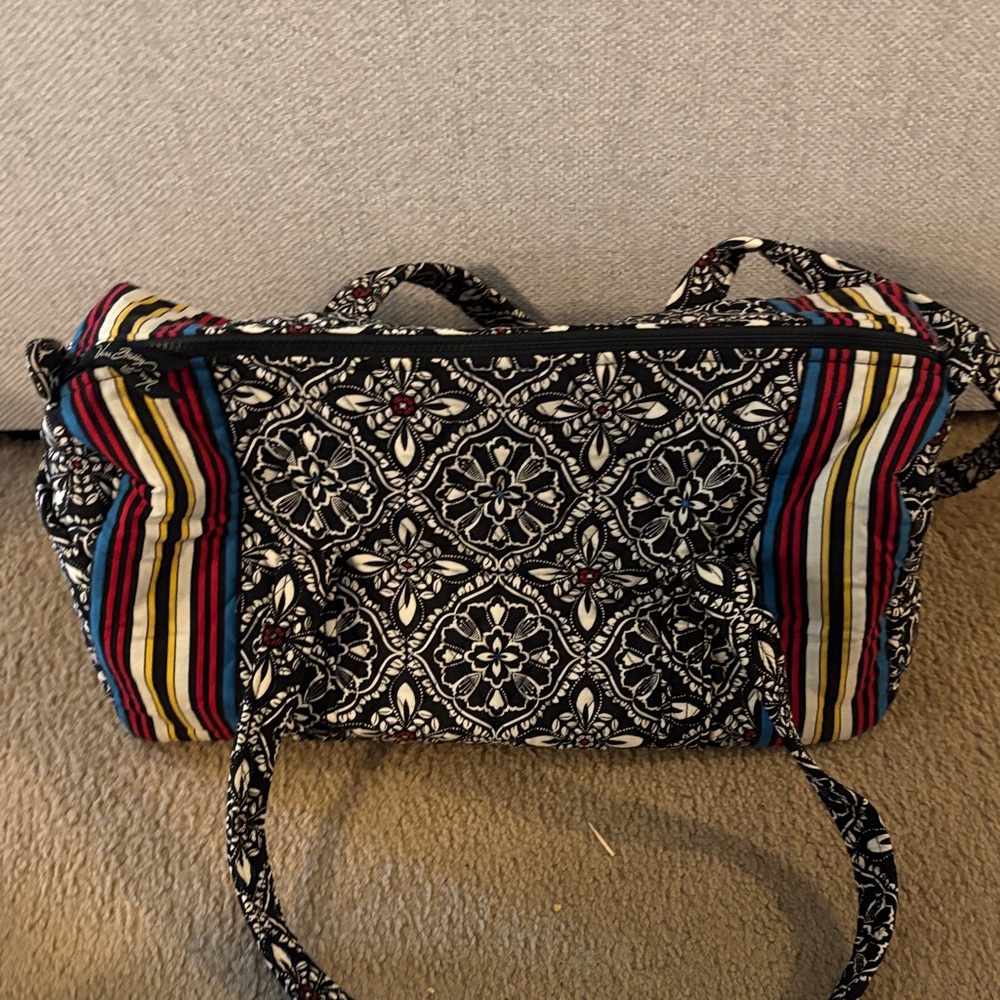 Vera Bradley Quilted Black Floral Patterned Tote with Multicolor Stripes